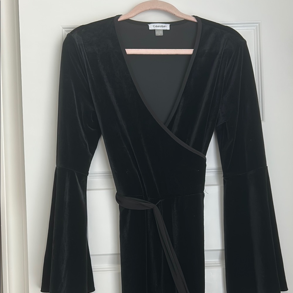 Calvin Klein Black Velvet Bell Sleeve Dress